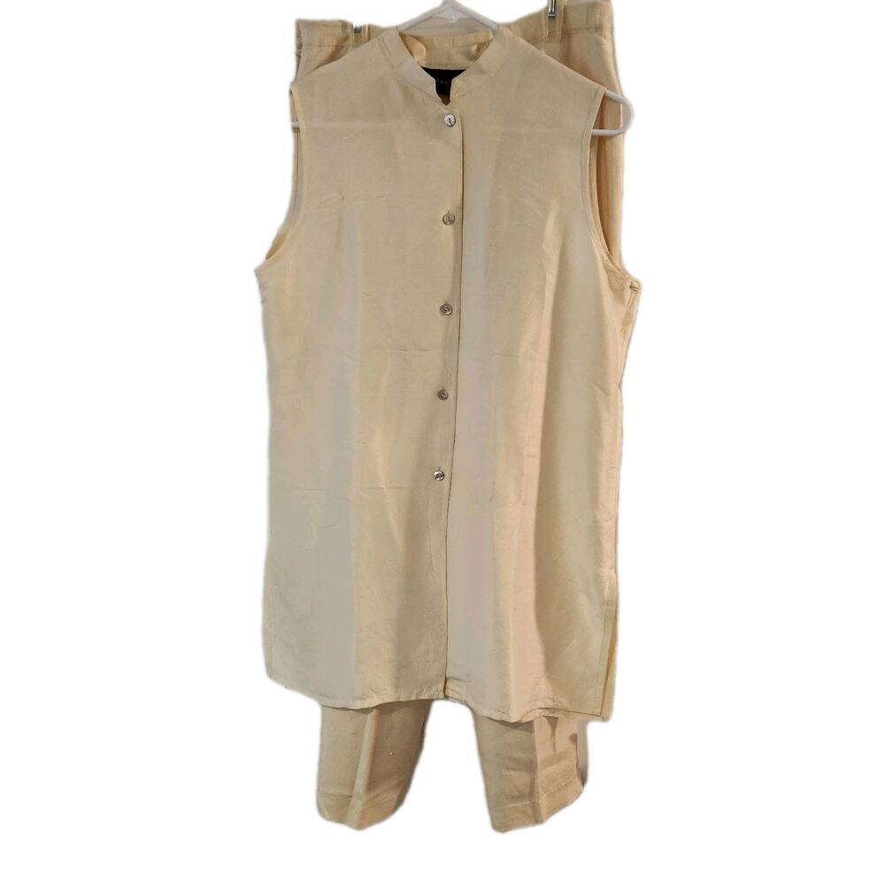 100% Silk Top & Pant Set Women’s 10 Ivory Tunic Pant Suit Flowy Boho Coastal